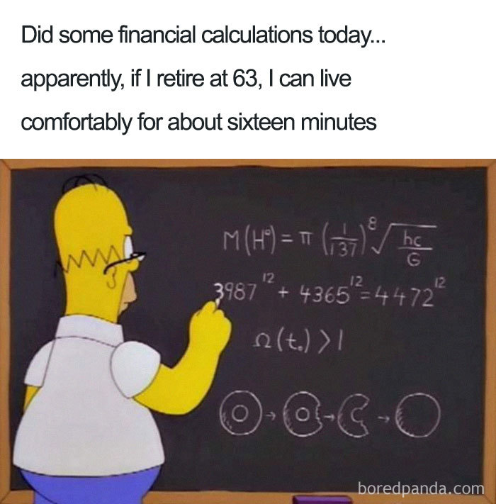 Homer Simpson doing complex math on a chalkboard, humorously highlighting the financial hardships educators face.