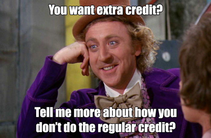 Educator meme with a sarcastic W***y Wonka asking about extra credit efforts.