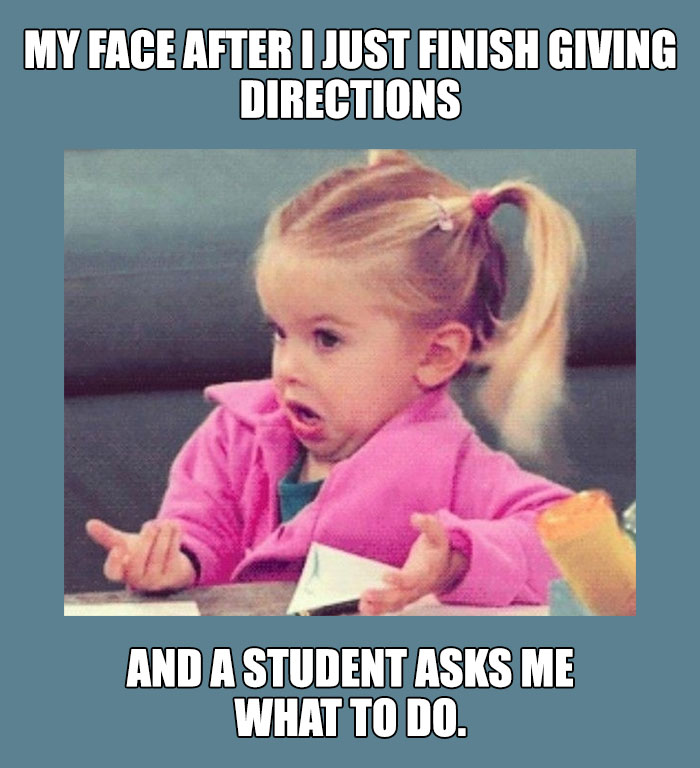 Child in pink jacket making a confused face, capturing the hardship of educators, with humorous text about student confusion.