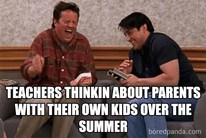 Two people laughing, showcasing a teacher meme about educators' summer thoughts on parents managing their own kids.