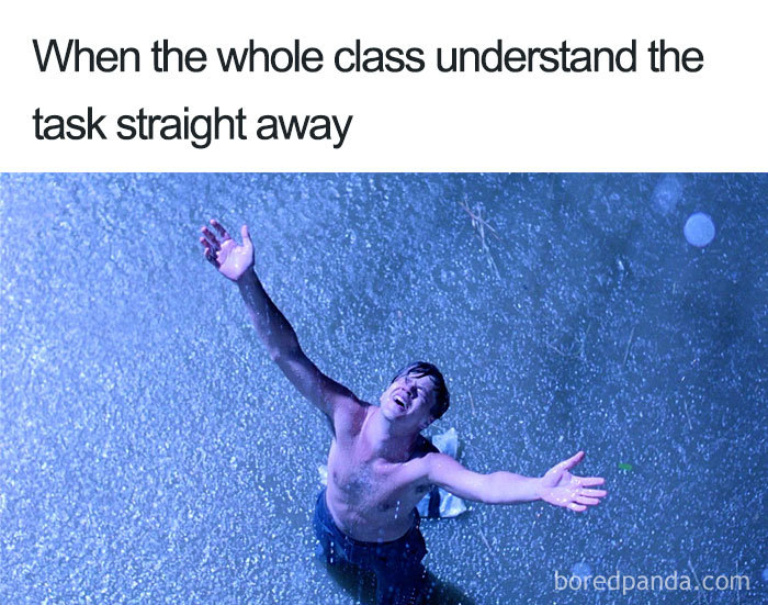 Teacher meme showing joy as a man stands in the rain with arms raised, illustrating the challenge of teaching.