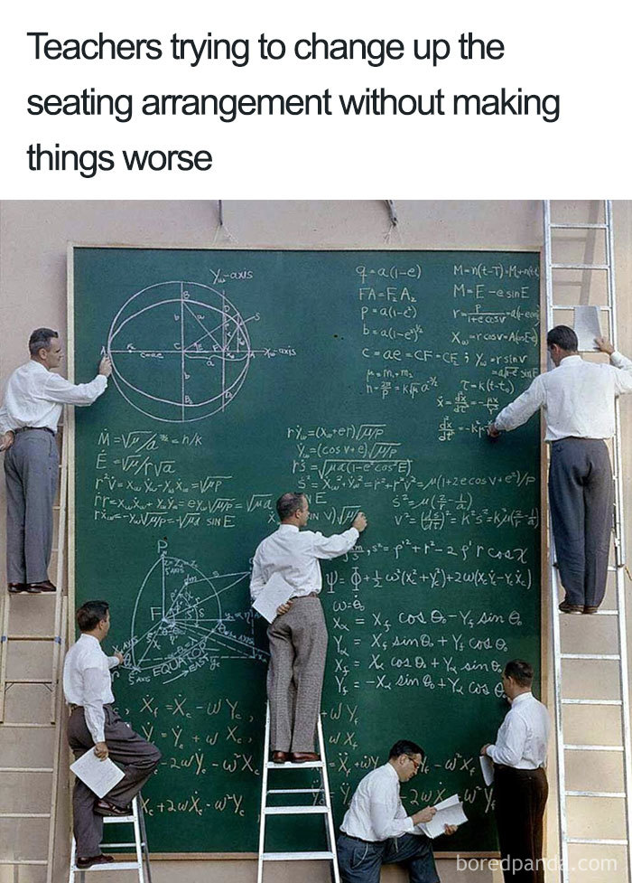 Teachers adjusting seating plan, five men on ladders writing complex equations on a large chalkboard.