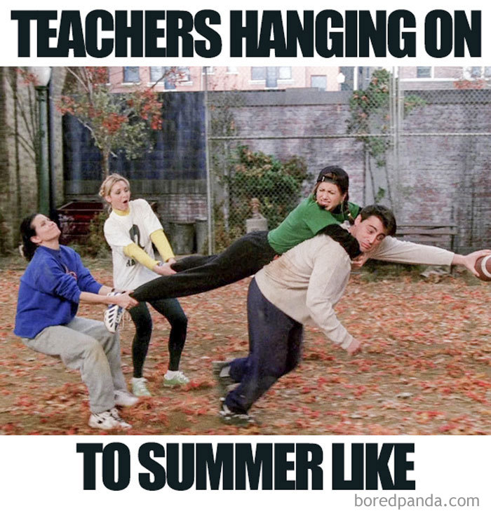 Teachers clinging to summer, depicting the challenges educators face during the school year.