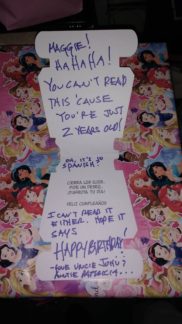 Funny dad joke on a gift card written for a two-year-old, with Disney princess wrapping paper.