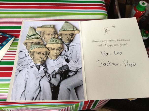 Funny dad Christmas card featuring money origami hats on historical figures in a quirky holiday setting.