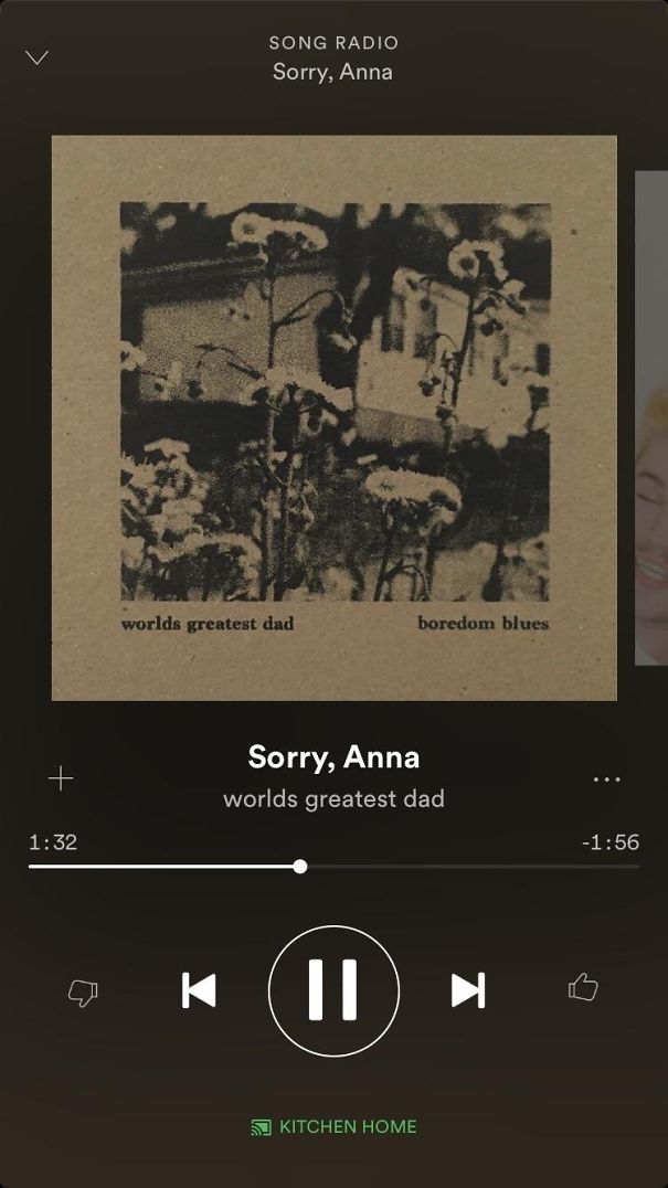 Spotify screen showing "Sorry, Anna" by worlds greatest dad playing.
