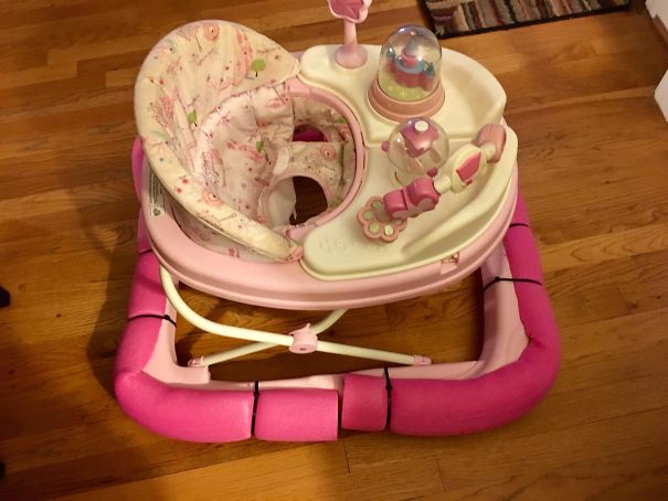 If You Have A Kid With A Walker, Use Pool Noodles As Bumpers To Save Your Walls And Ankles
