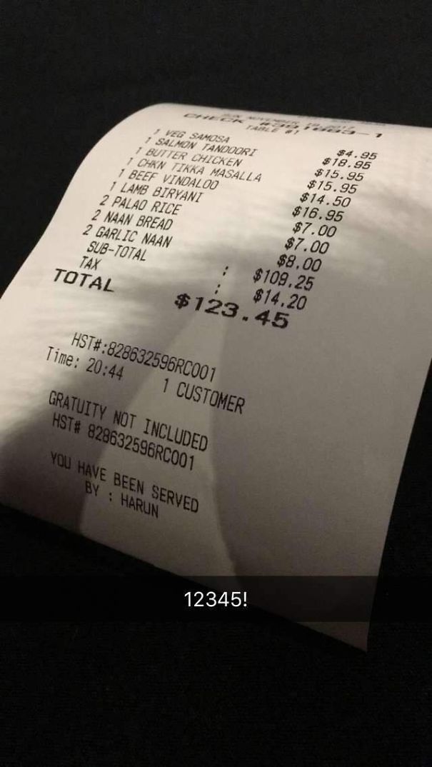 Restaurant Bill For Indian Food