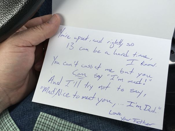 Handwritten note from a funny dad giving parental advice with humor.