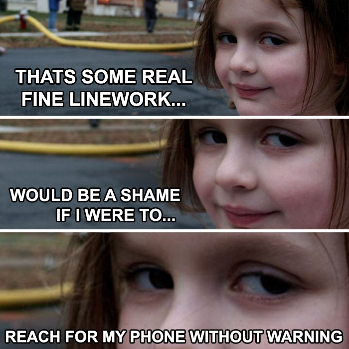 Smirking girl with text about fine linework, humorously referencing tattoo memes.