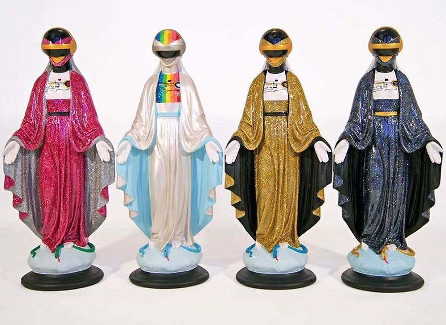 Artist Re-Reading Damaged Images Of The Virgin Mary Transforming Them Into Icon Characters Of Pop Culture