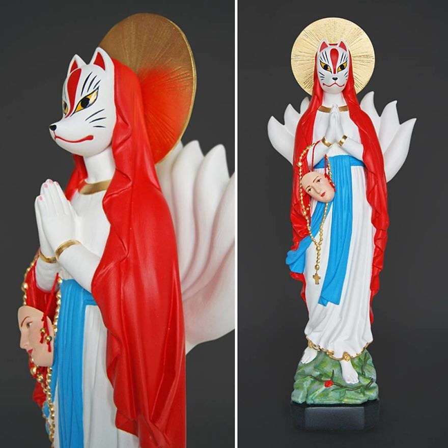 Artist Re-Reading Damaged Images Of The Virgin Mary Transforming Them Into Icon Characters Of Pop Culture