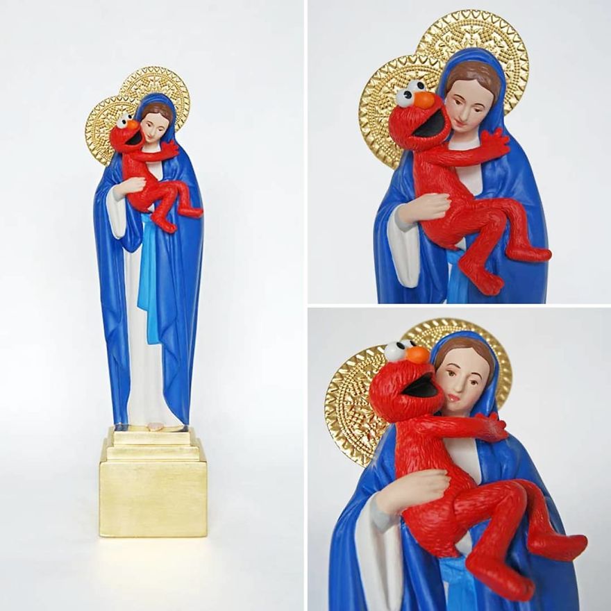 Artist Re-Reading Damaged Images Of The Virgin Mary Transforming Them Into Icon Characters Of Pop Culture