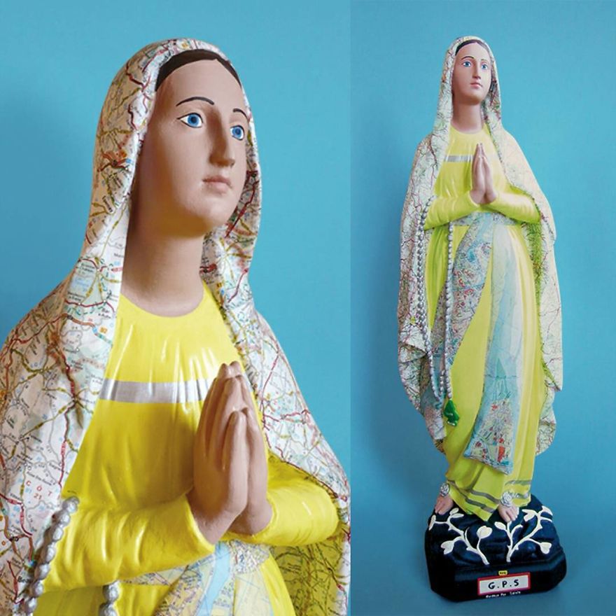 Artist Re-Reading Damaged Images Of The Virgin Mary Transforming Them Into Icon Characters Of Pop Culture