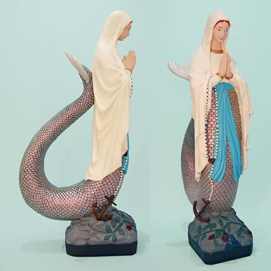 Artist Re-Reading Damaged Images Of The Virgin Mary Transforming Them Into Icon Characters Of Pop Culture