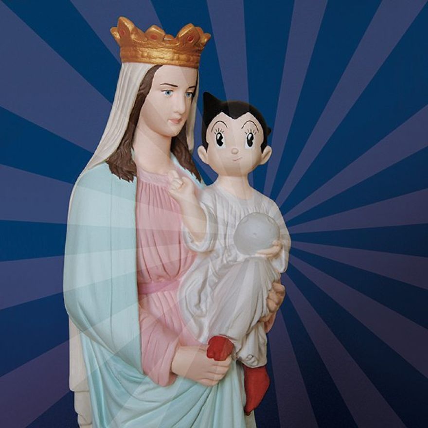 Artist Re-Reading Damaged Images Of The Virgin Mary Transforming Them Into Icon Characters Of Pop Culture