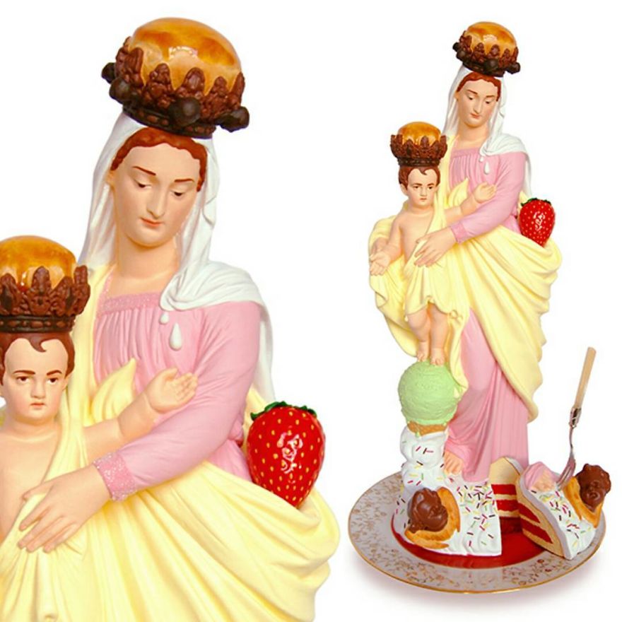 Artist Re-Reading Damaged Images Of The Virgin Mary Transforming Them Into Icon Characters Of Pop Culture