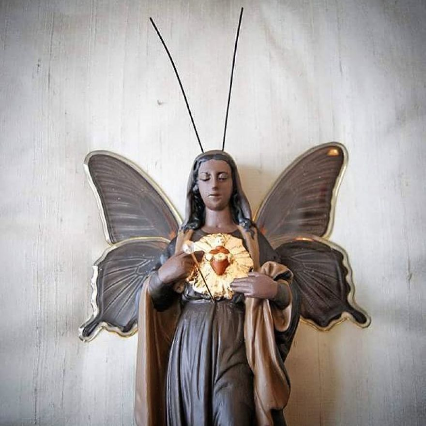 Artist Re-Reading Damaged Images Of The Virgin Mary Transforming Them Into Icon Characters Of Pop Culture