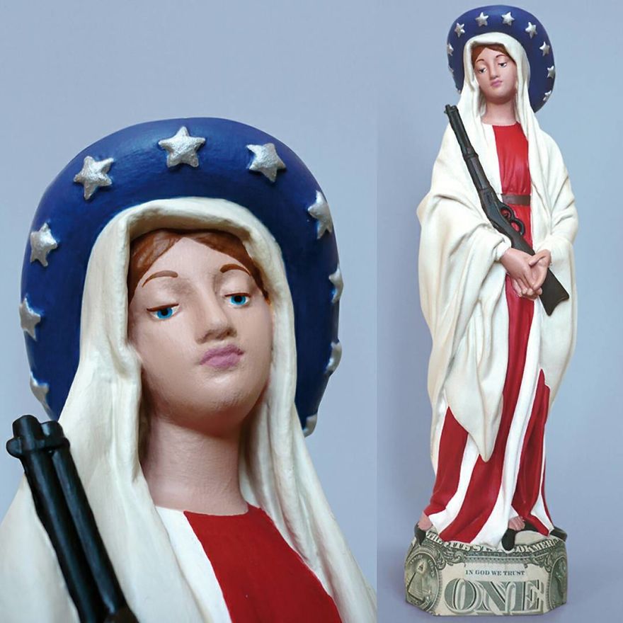 Artist Re-Reading Damaged Images Of The Virgin Mary Transforming Them Into Icon Characters Of Pop Culture