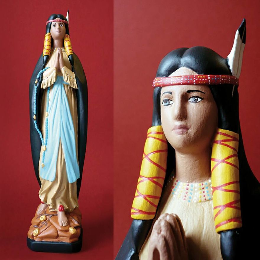 Artist Re-Reading Damaged Images Of The Virgin Mary Transforming Them Into Icon Characters Of Pop Culture