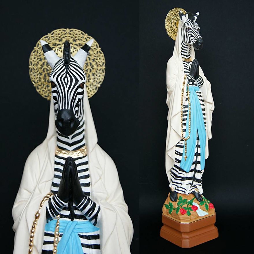 Artist Re-Reading Damaged Images Of The Virgin Mary Transforming Them Into Icon Characters Of Pop Culture