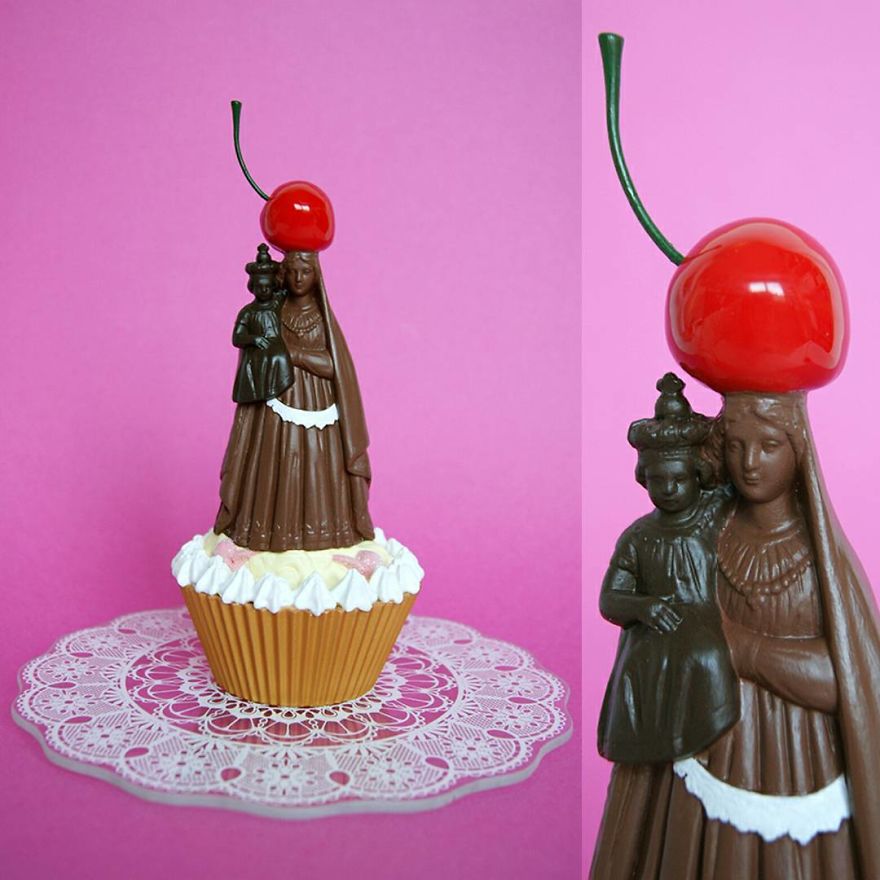 Artist Re-Reading Damaged Images Of The Virgin Mary Transforming Them Into Icon Characters Of Pop Culture