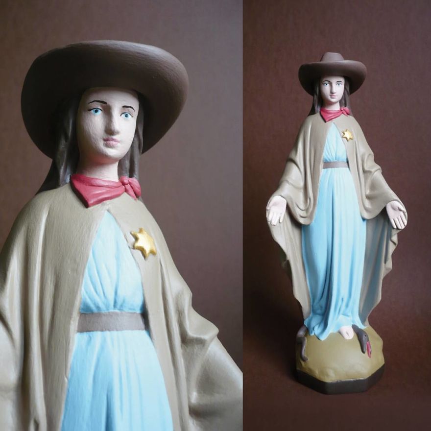 Artist Re-Reading Damaged Images Of The Virgin Mary Transforming Them Into Icon Characters Of Pop Culture