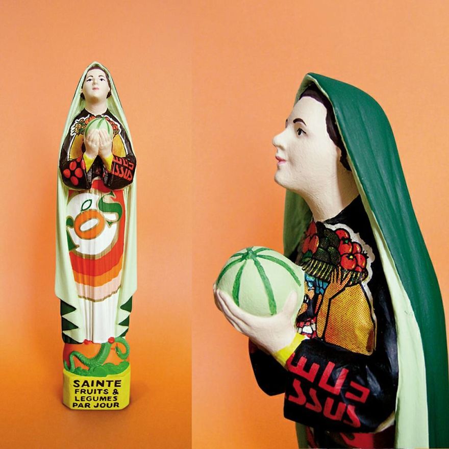 Artist Re-Reading Damaged Images Of The Virgin Mary Transforming Them Into Icon Characters Of Pop Culture