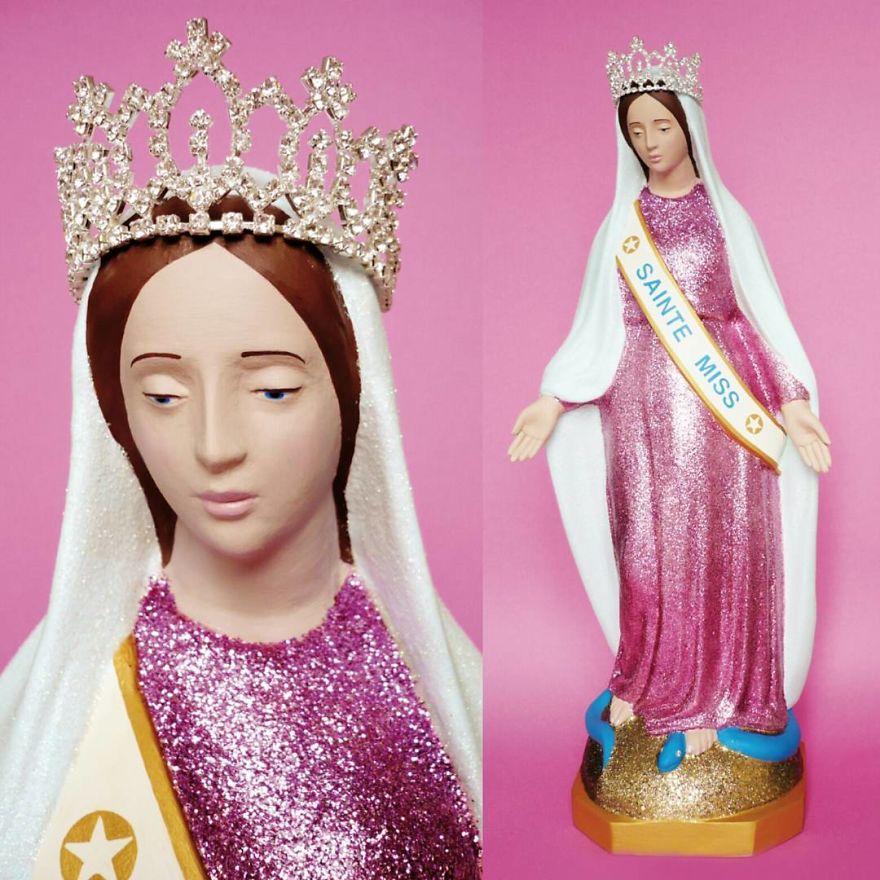 Artist Re-Reading Damaged Images Of The Virgin Mary Transforming Them Into Icon Characters Of Pop Culture