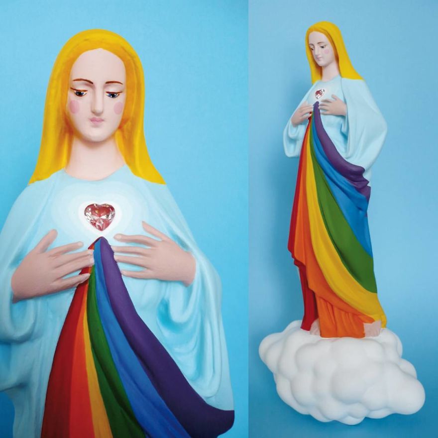 Artist Re-Reading Damaged Images Of The Virgin Mary Transforming Them Into Icon Characters Of Pop Culture