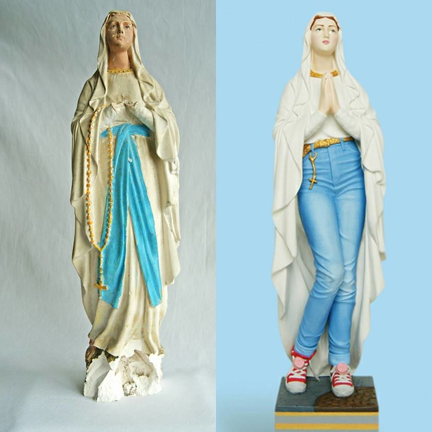 Artist Re-Reading Damaged Images Of The Virgin Mary Transforming Them Into Icon Characters Of Pop Culture