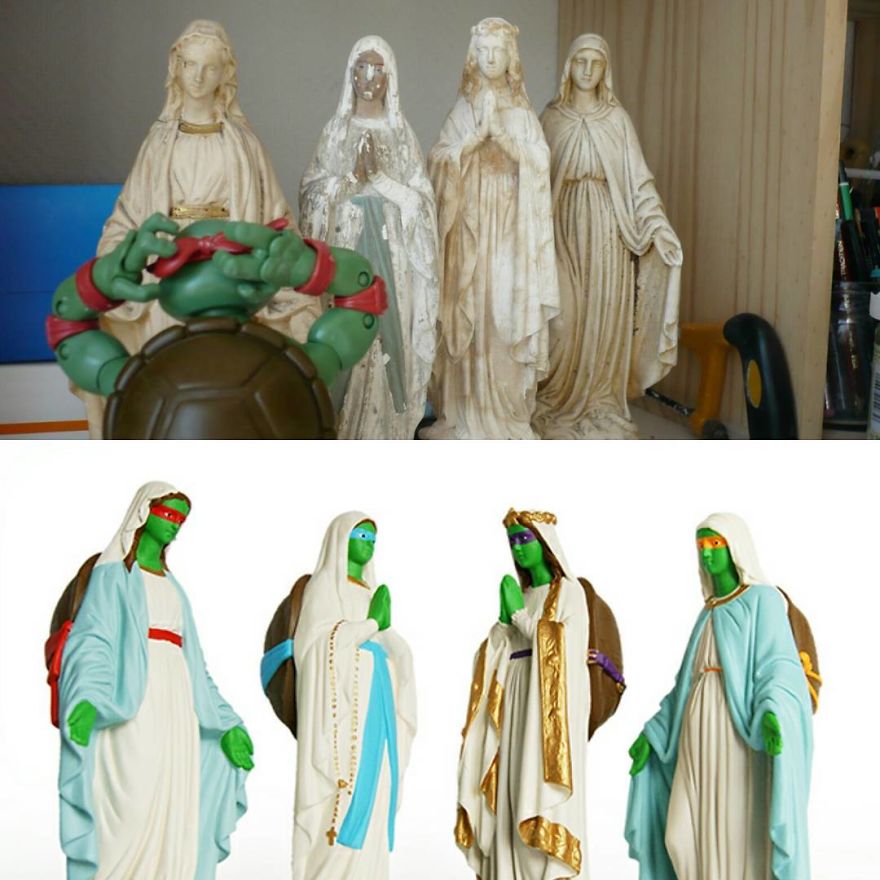 Artist Re-Reading Damaged Images Of The Virgin Mary Transforming Them Into Icon Characters Of Pop Culture