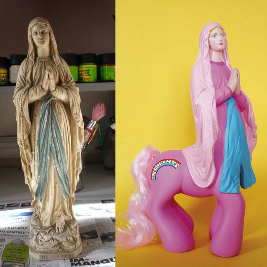 Artist Re-Reading Damaged Images Of The Virgin Mary Transforming Them Into Icon Characters Of Pop Culture