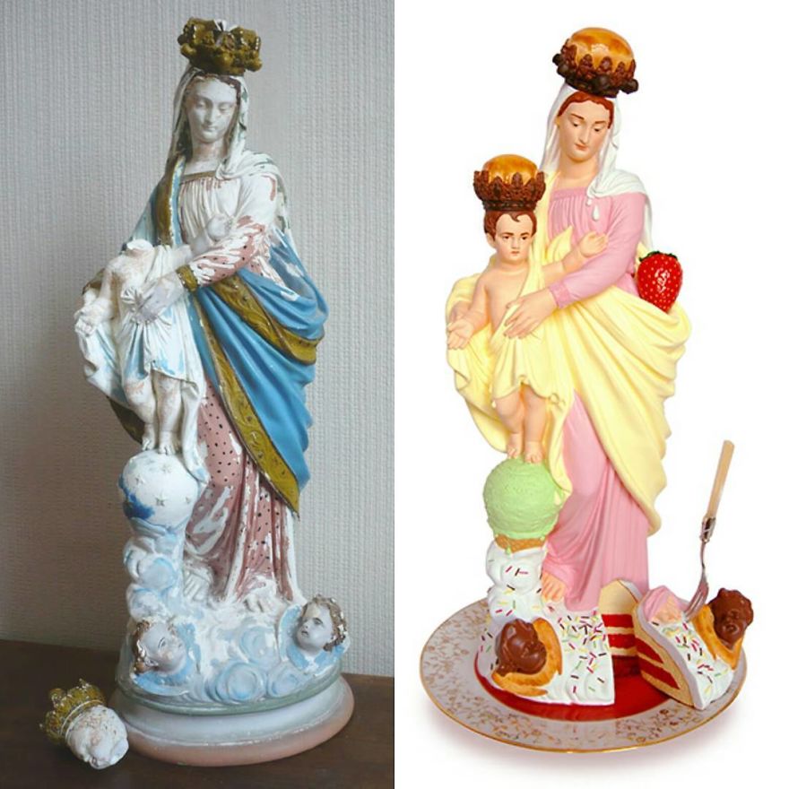 Artist Re-Reading Damaged Images Of The Virgin Mary Transforming Them Into Icon Characters Of Pop Culture