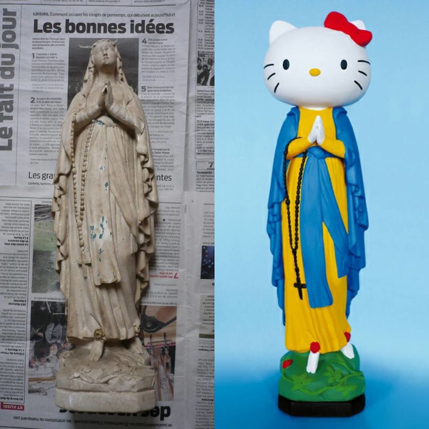 Artist Re-Reading Damaged Images Of The Virgin Mary Transforming Them Into Icon Characters Of Pop Culture