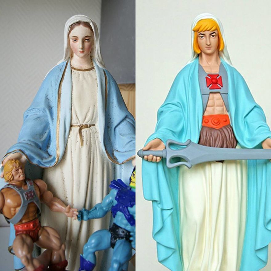 Artist Re-Reading Damaged Images Of The Virgin Mary Transforming Them Into Icon Characters Of Pop Culture