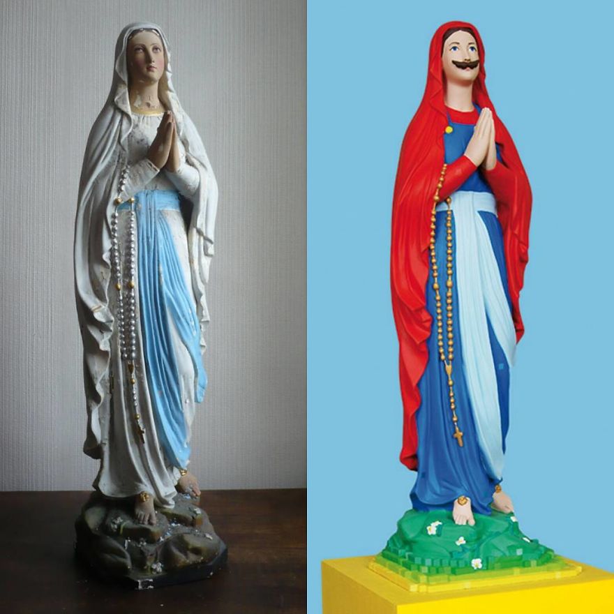 Artist Re-Reading Damaged Images Of The Virgin Mary Transforming Them Into Icon Characters Of Pop Culture