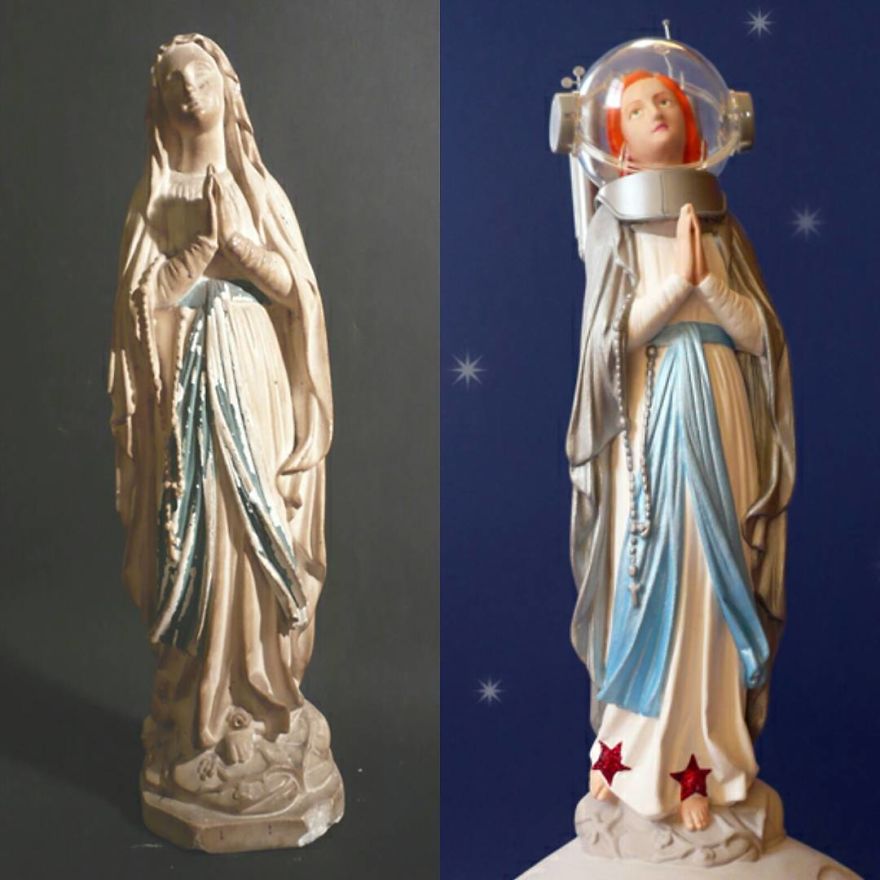 Artist Re-Reading Damaged Images Of The Virgin Mary Transforming Them Into Icon Characters Of Pop Culture