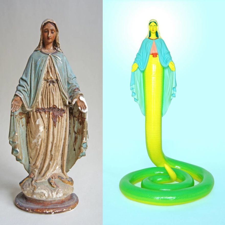 Artist Re-Reading Damaged Images Of The Virgin Mary Transforming Them Into Icon Characters Of Pop Culture