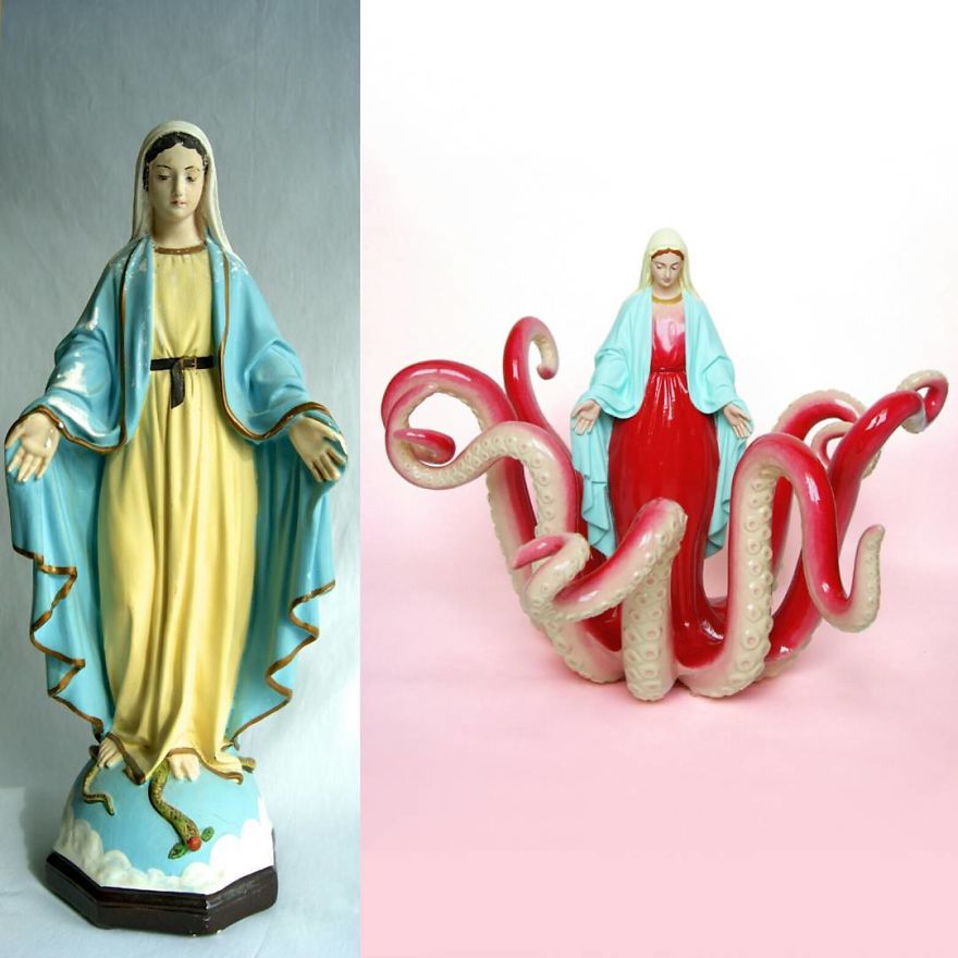 Artist Re-Reading Damaged Images Of The Virgin Mary Transforming Them Into Icon Characters Of Pop Culture