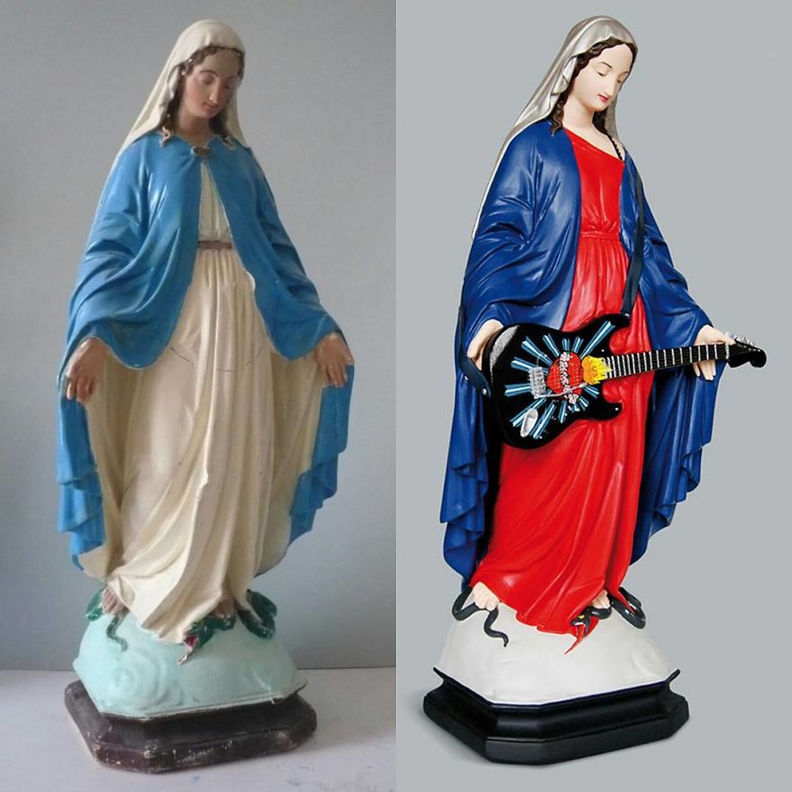Artist Re-Reading Damaged Images Of The Virgin Mary Transforming Them Into Icon Characters Of Pop Culture