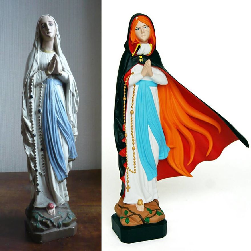 Artist Re-Reading Damaged Images Of The Virgin Mary Transforming Them Into Icon Characters Of Pop Culture