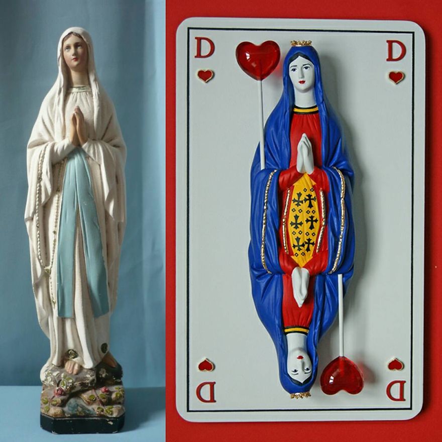 Artist Re-Reading Damaged Images Of The Virgin Mary Transforming Them Into Icon Characters Of Pop Culture