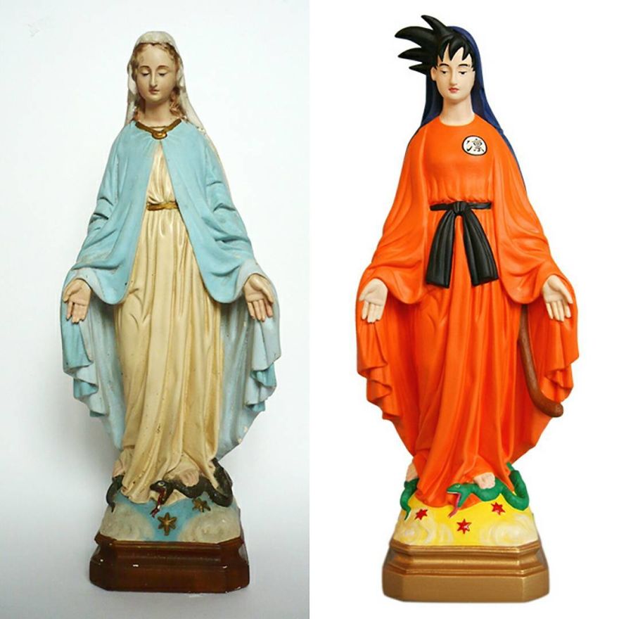 Artist Re-Reading Damaged Images Of The Virgin Mary Transforming Them Into Icon Characters Of Pop Culture