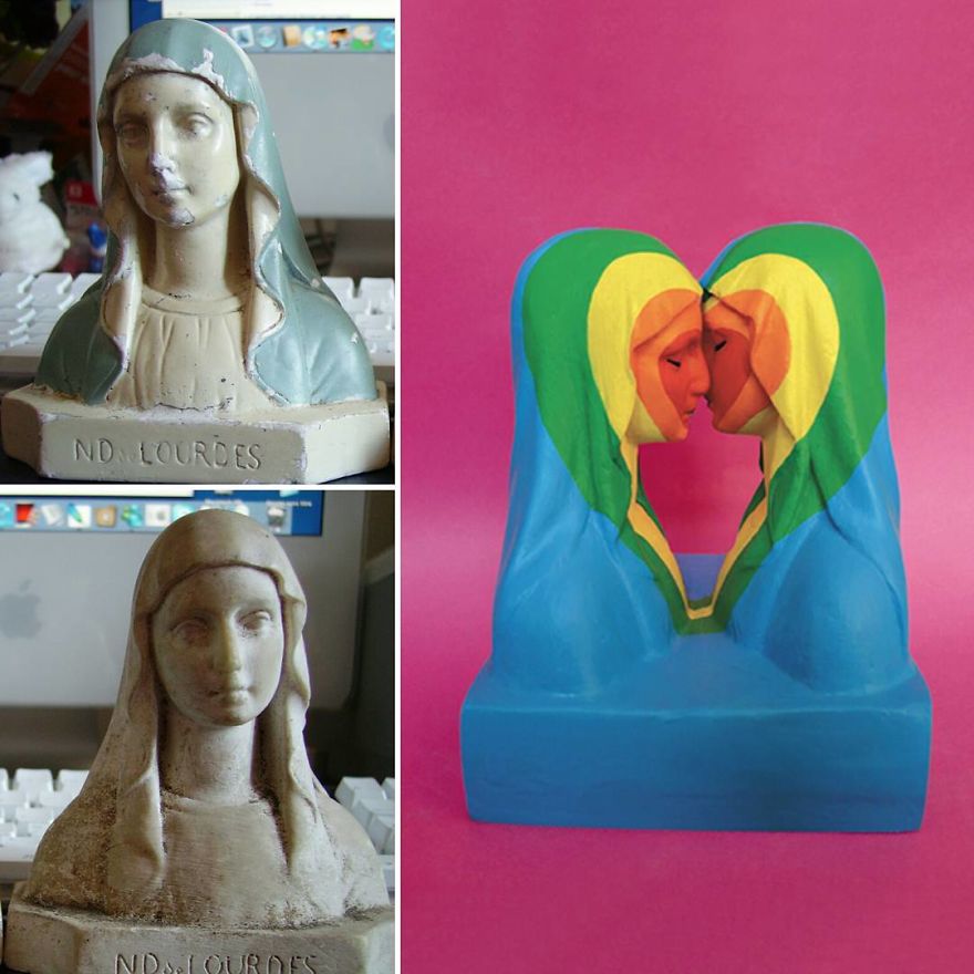 Artist Re-Reading Damaged Images Of The Virgin Mary Transforming Them Into Icon Characters Of Pop Culture