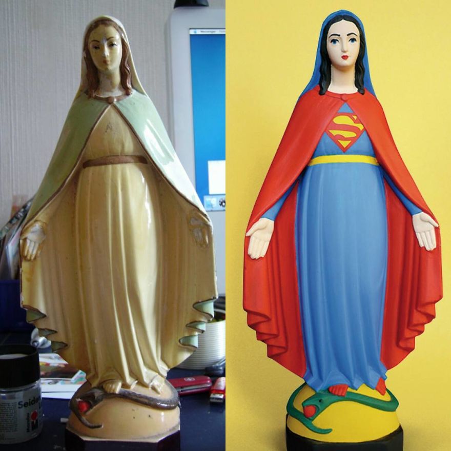 Artist Re-Reading Damaged Images Of The Virgin Mary Transforming Them Into Icon Characters Of Pop Culture