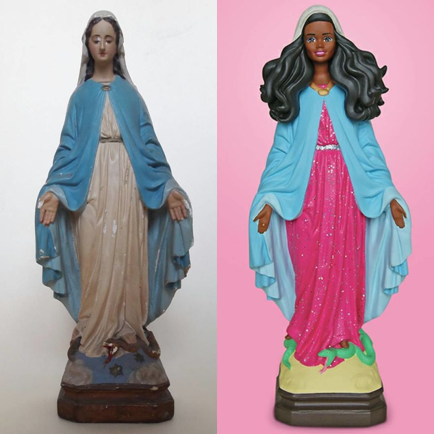Artist Re-Reading Damaged Images Of The Virgin Mary Transforming Them Into Icon Characters Of Pop Culture