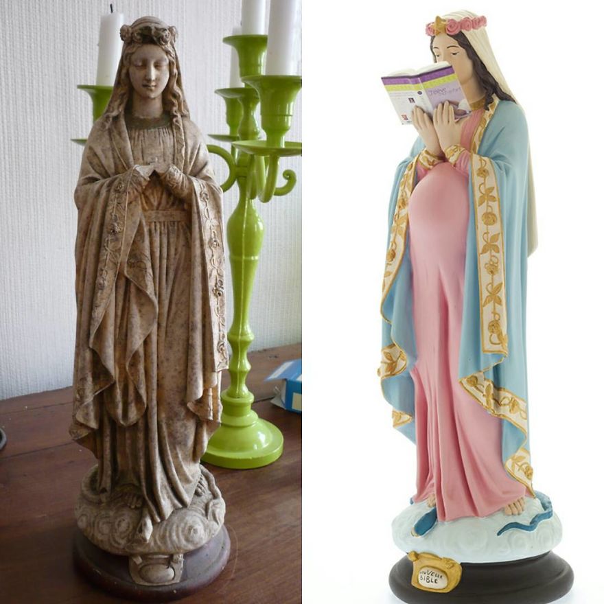 Artist Re-Reading Damaged Images Of The Virgin Mary Transforming Them Into Icon Characters Of Pop Culture