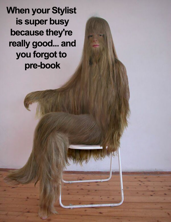 Person with long hair covering their body seated on a chair; humorous meme about hairstylists being busy.