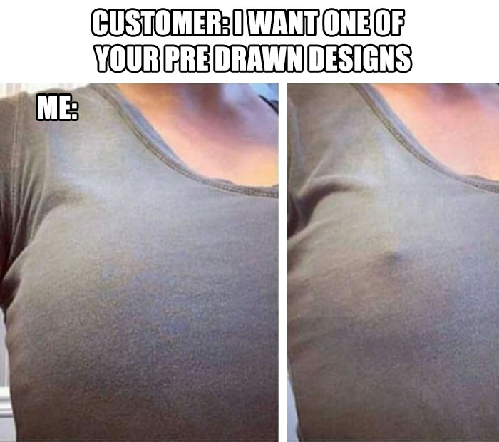 Person in gray shirt with text about tattoo design humor.